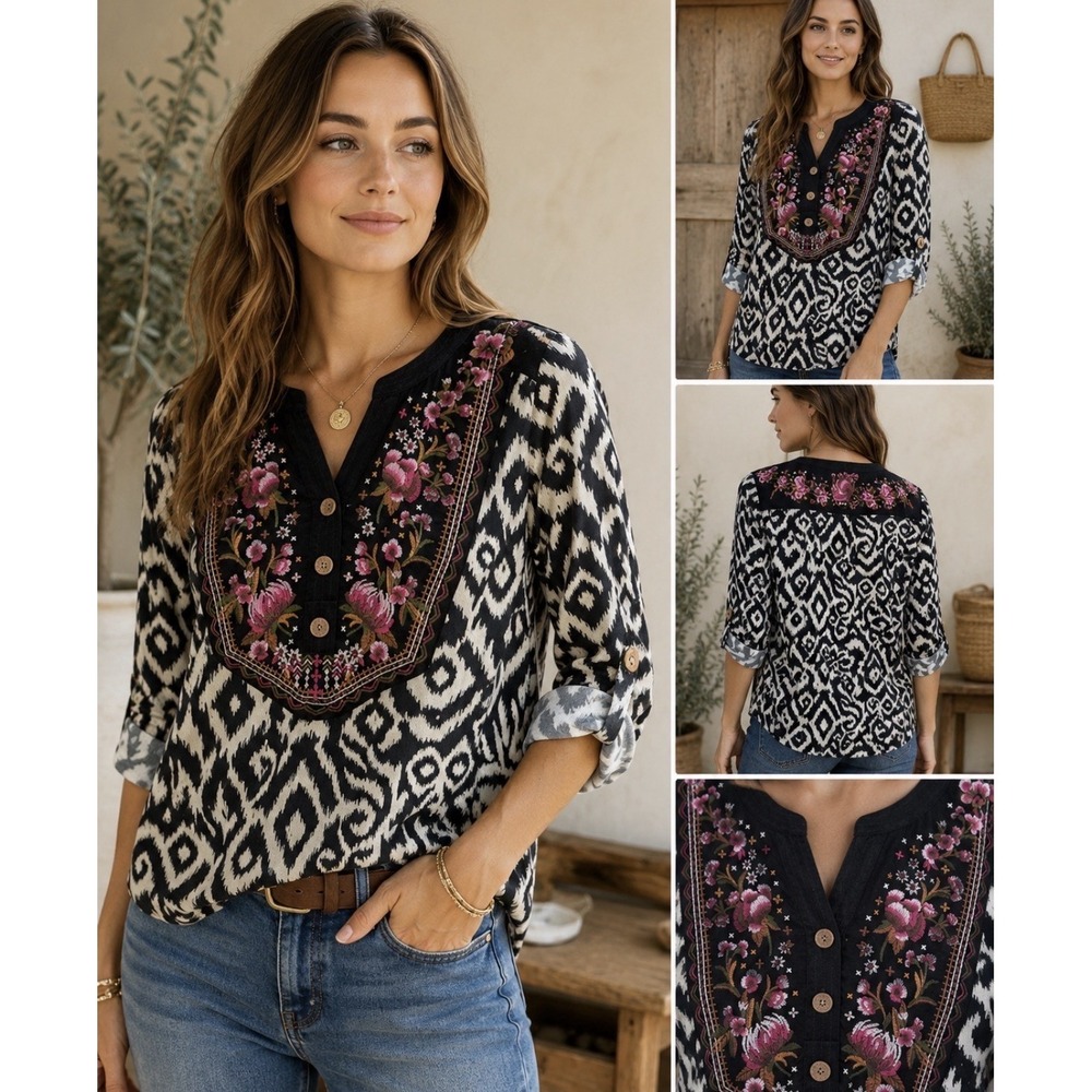 John Mark Embroidered Ikat Print Boho Tunic Top Women's S Artsy Folk Cottagecore